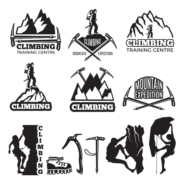 登山とさまざまな機器 テンプレートにテキストの場所をラベル付けします 極端なバッジのシルエットを登る ロゴ探索登山イラスト プレミアムベクター