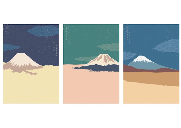 和柄の山林の背景 アジア風の富士山イラスト プレミアムベクター