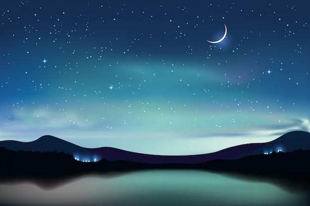 暗いターコイズブルーの星空と三日月 夜空の現実的な背景 イラストと山の湖 プレミアムベクター