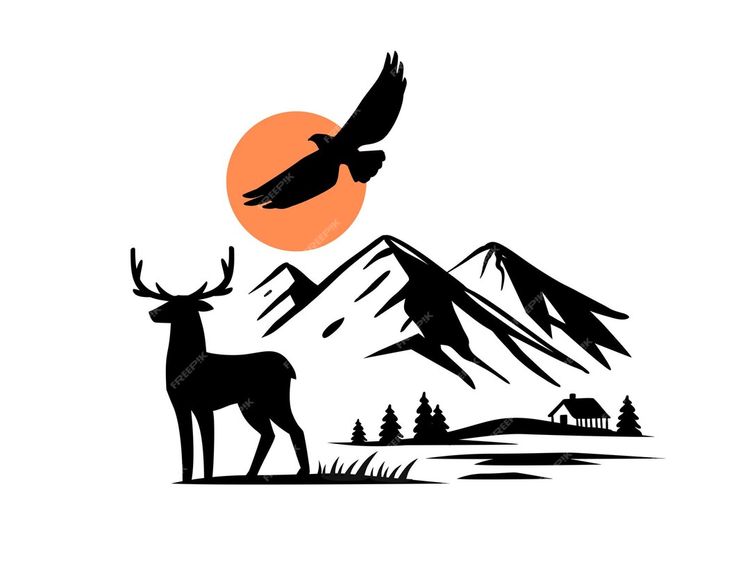 Premium Vector | Mountain landscape with house and deer vector. nature ...