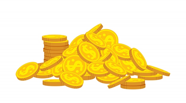 金貨の山漫画 黄金のコインはヒープ 銀行通貨輝く記号を積み上げます スタックマネー プレミアムベクター