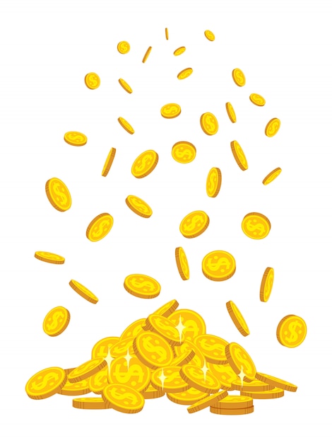 金貨の山が落ちる フラットな漫画のスタイル 黄金のコインはヒープを積み上げます 空を飛んでいる記号を輝く銀行通貨 プレミアムベクター