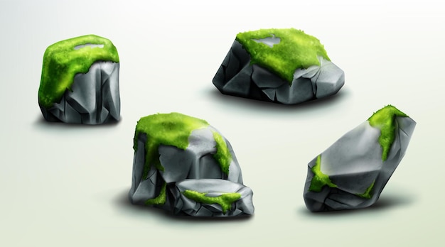 緑の苔石または岩の自然な要素を持つ山の岩は さまざまな形のイラストセットの現実的なテクスチャ分離された岩の部分で地質学的材料を設計する 無料のベクター