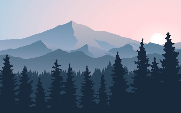 Premium Vector | Mountain scene with forest and sunrise