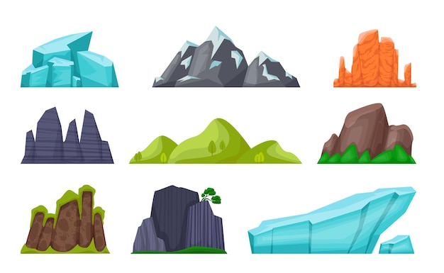 Premium Vector Mountain Set Cartoon Rocky Hills And Creeks Snowy Mountain Peaks And Glaciers Desert Cliffsrain