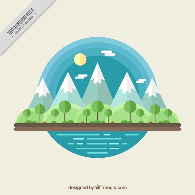 Mountains background with trees in flat\
design