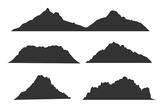 アウトドアや旅行のラベルセットの山の黒いシルエット 黒のシルエットの山のテンプレート 高原の山頂山のイラスト プレミアムベクター