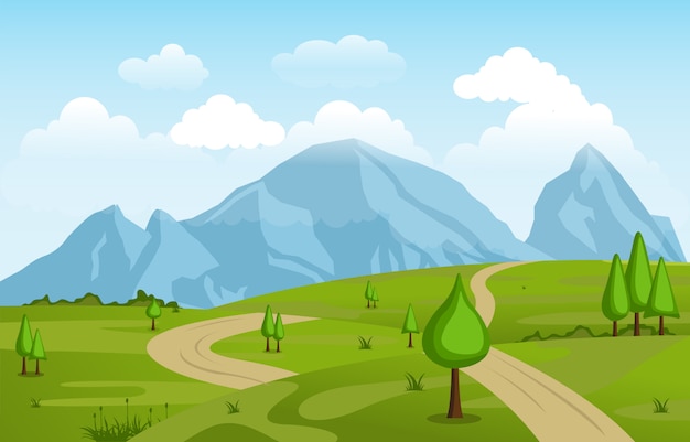 Premium Vector | Mountains hills green grass nature landscape sky