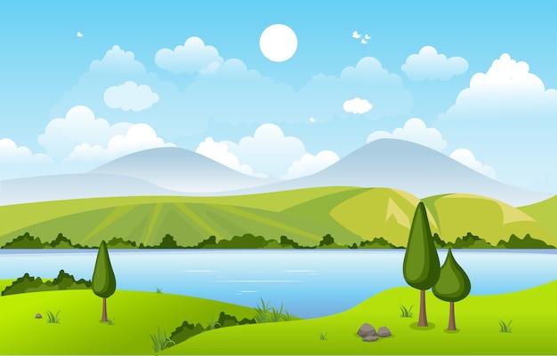 Premium Vector | Mountains hills lake green nature landscape sky