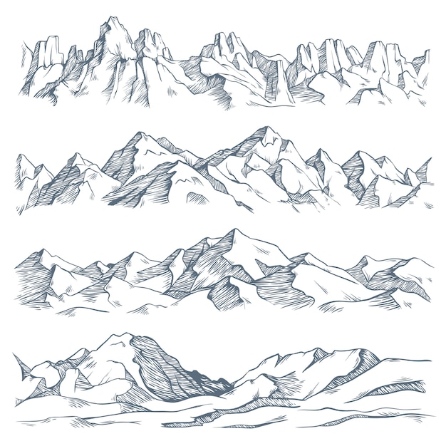 山の風景の彫刻 ハイキングや登山のヴィンテージ手描きのスケッチ 自然高原イラスト プレミアムベクター