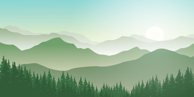 Premium Vector | Mountains and pine forest in fog. morning view with ...