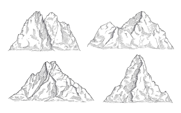 山のスケッチ 山を描くアート パノラマのシルエットが刻まれています ヴィンテージの野生生物の風景 岩が多い峰の要素 自然ベクトルセット イラスト岩山 山のシルエットの岩のスケッチ プレミアムベクター