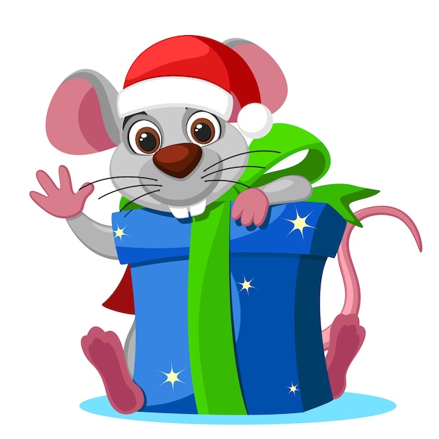 帽子をかぶったネズミは 白い背景 キャラクターのボックスギフトの後ろから外を見ています クリスマス プレミアムベクター