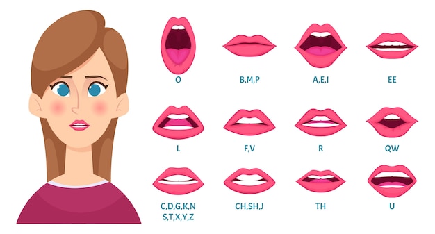 口のアニメーション 女性の唇のキーフレームの女性は 関節の歯と舌の画像を同期させる英語の文字の音を話します イラストの音声言語 アニメーションの同期アーティキュレーション プレミアムベクター