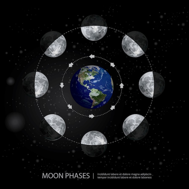 月の満ち欠けの動きリアルなイラスト プレミアムベクター