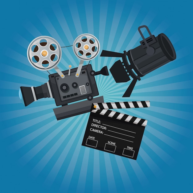 Premium Vector | Movie film projector clapperboard and spotlights