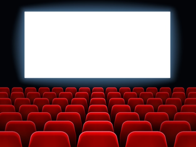 映画館での映画プレミアイベント 空の赤い席のベクトルの背景を持つ暗い映画ホールインテリアで映画館の白い空白の画面 プレミアムベクター