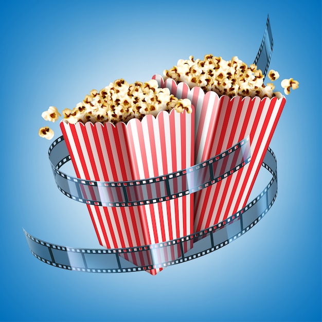 フィルムストリップとストライプの紙箱にポップコーンの映画館のチラシ 青の背景にポップコーンとシネマテープで白と赤のバケツのリアルなイラスト 無料のベクター
