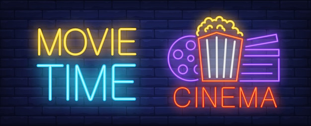 Movie time neon sign. popcorn bucket, clapperboard and film reel on poster. Free Vector