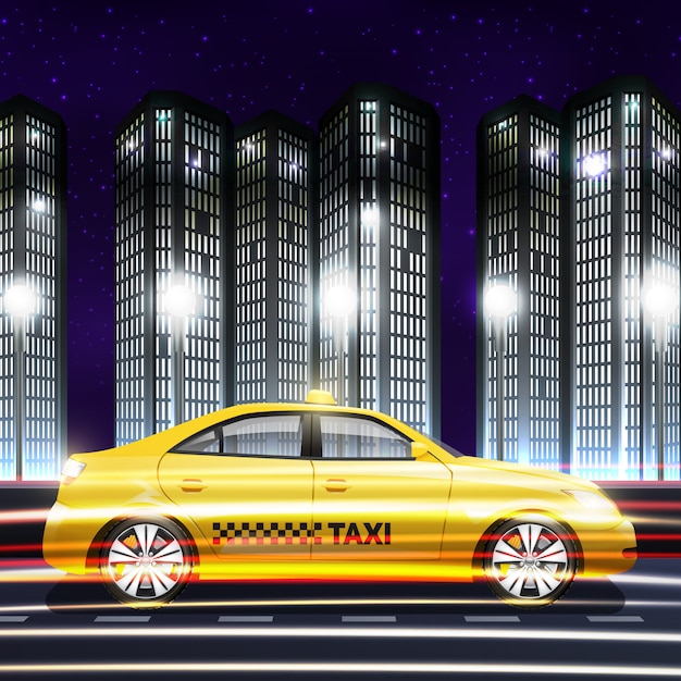 Moving yellow taxi car on night city\
background