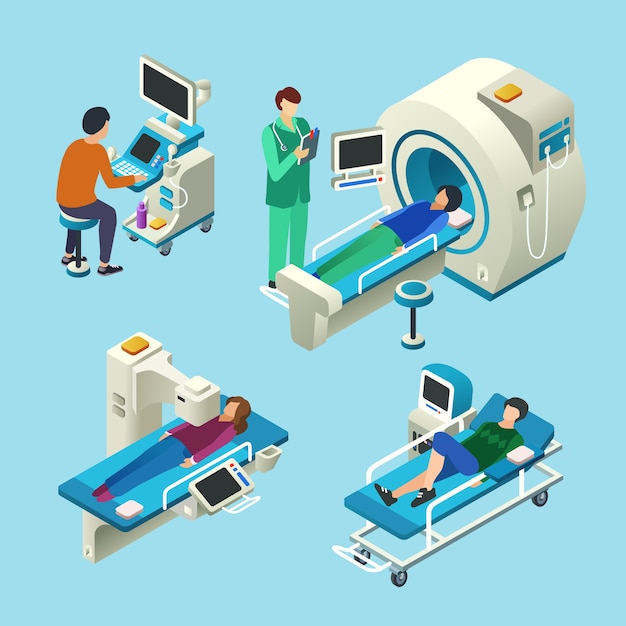 Mri scanner isometric cartoon of doctor and patients on medical mri ...