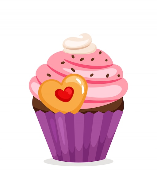 ピンクのクリームとハート型のクッキーのマフィン ベクトルカップケーキのイラスト プレミアムベクター