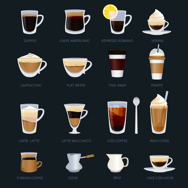 コーヒーの種類が異なるマグカップ エスプレッソ カプチーノ マキアートなど プレミアムベクター