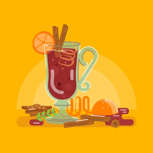 Mulled wine with gingerbread, cinnamon and orange Premium Vector