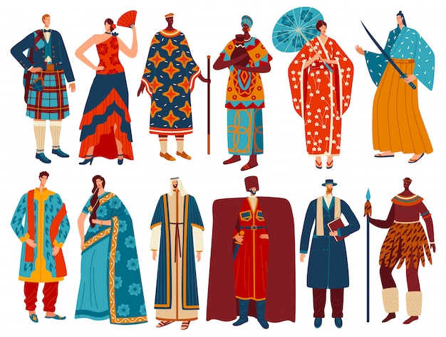 伝統的な民族衣装 漫画のキャラクター イラストの多文化の人々 プレミアムベクター