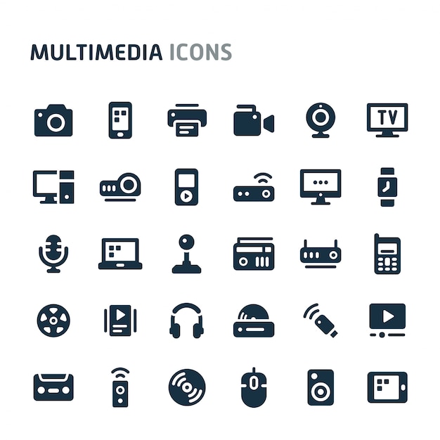 Multimedia icon set. fillio black icon series. Premium Vector