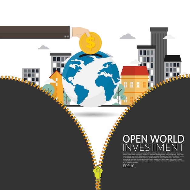 Multinational company investment in the developing world opens up new horizons for economic development and for company strategy concept. business man hand saving gold coin over the globe Premium Vector