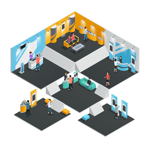 Multistore interior template with exhibition stands isometric composition Free Vector