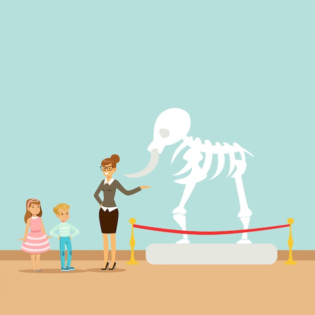古生物学図の博物館で子供たちに恐竜の骨格 子供たちを教える博物館ガイド プレミアムベクター