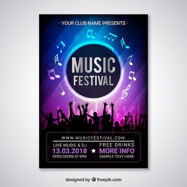 Music festival flyer template with crowd\
silhouette