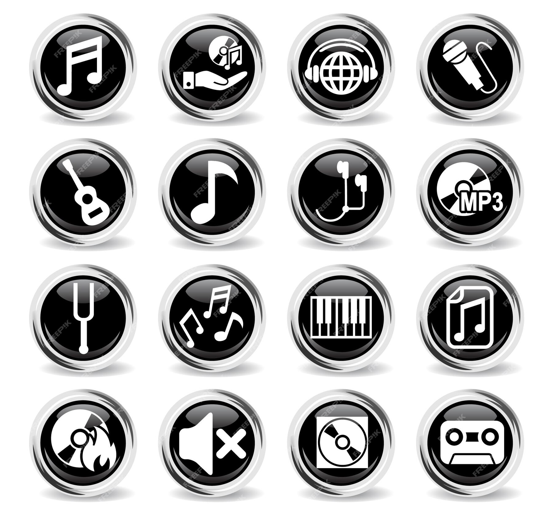 Premium Vector | Music icons on round black buttons with metal ring