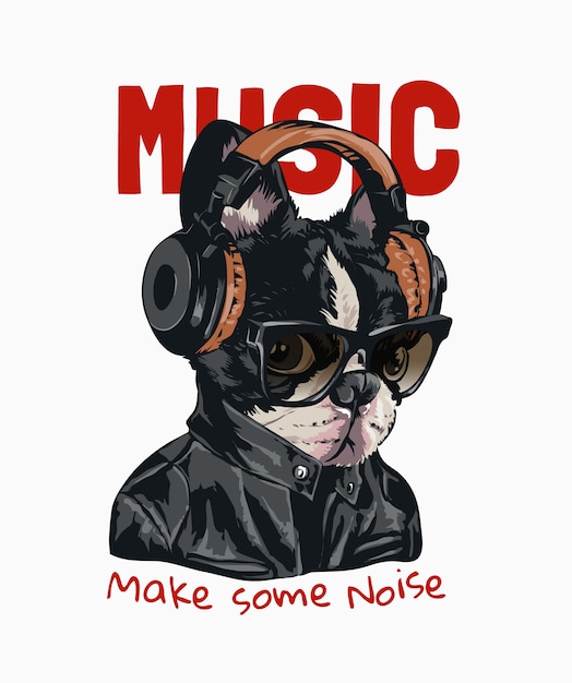 ヘッドフォンのイラストを身に着けているサングラスで犬と音楽のスローガン プレミアムベクター