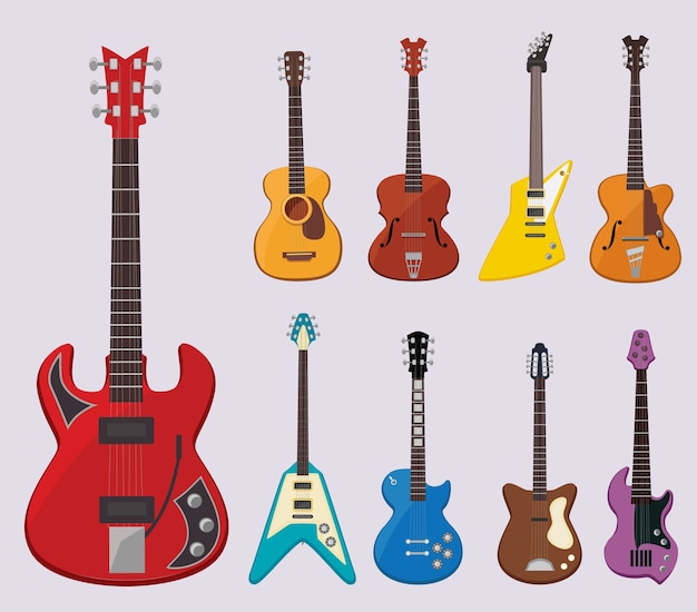 ミュージカルギター ライブコンサートの楽器の音は クラシックギターのイラストのさまざまなオブジェクトを再生します 楽器のエレキギターとアコースティック ギター 音楽の音 プレミアムベクター