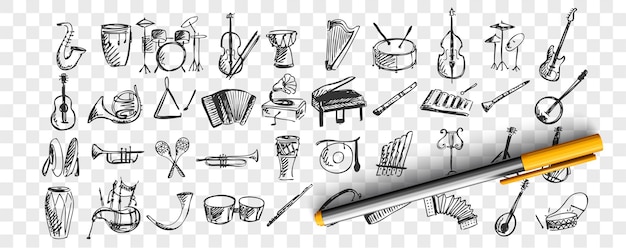 Premium Vector Musical Instruments Doodle Set Collection Of Hand Drawn Sketches Templates Drawing Patterns Of Music Instrument Piano Drums Guitar Flute Saxophone On Transparent Background Art And Creativity