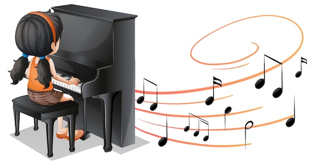 Musical melody symbols with a girl playing piano isolated Free Vector
