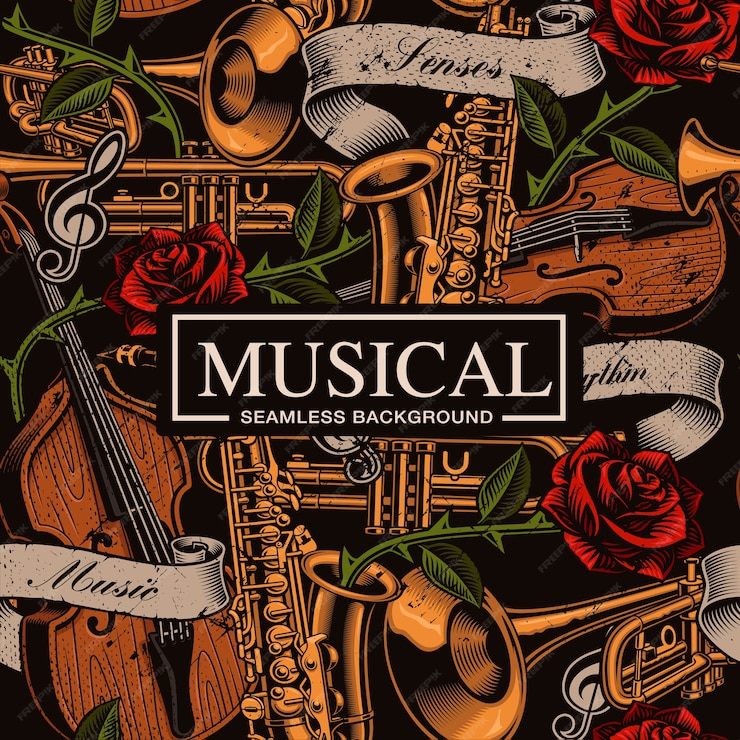  Musical seamless background in tattoo style with different musical instruments, roses and vintage r