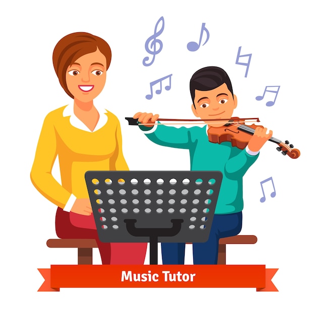 Download Musical tutor woman with kid boy violin student Vector ...