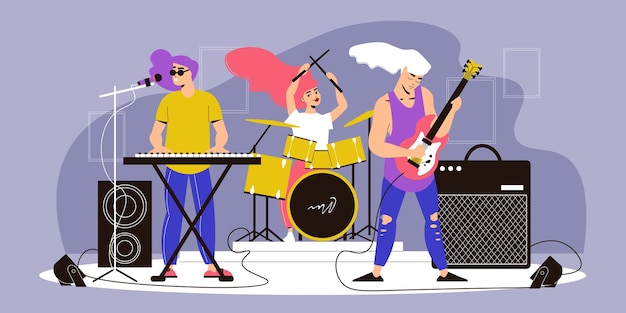 Musicians concert composition with view of stage with musical instruments with band members playing rock music Free Vector