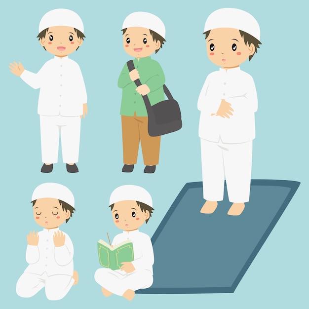 Muslim boy daily activities vector collection | Premium Vector