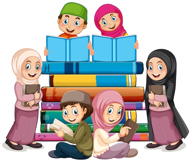 Premium Vector | Muslim children reading book