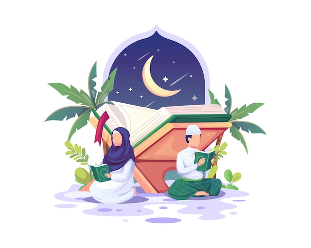  Muslim couple reading and studying the quran during ramadan kareem holy month illustration