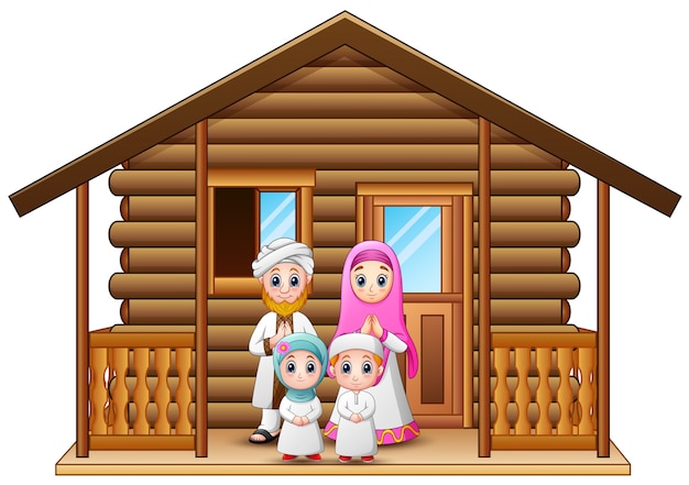  Muslim  families cartoon  in the wooden house Vector 