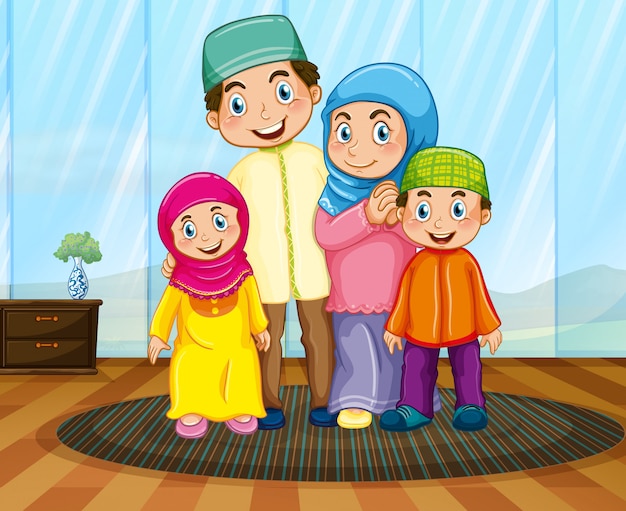 Muslim family in the living room Free Vector