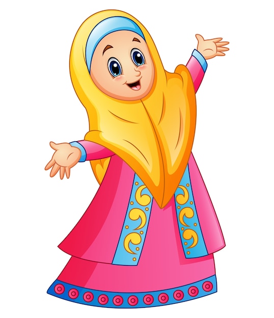 Premium Vector | Muslim girl wearing yellow veil and pink dress presenting