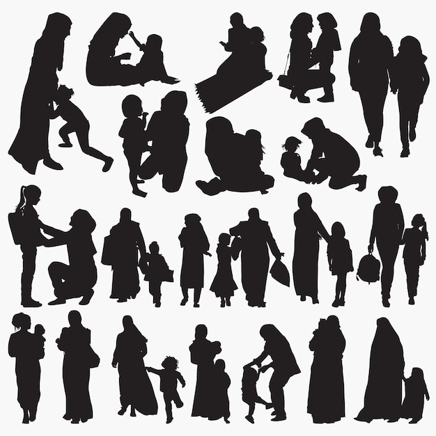 Download Muslim mother and child silhouettes set Vector | Premium ...