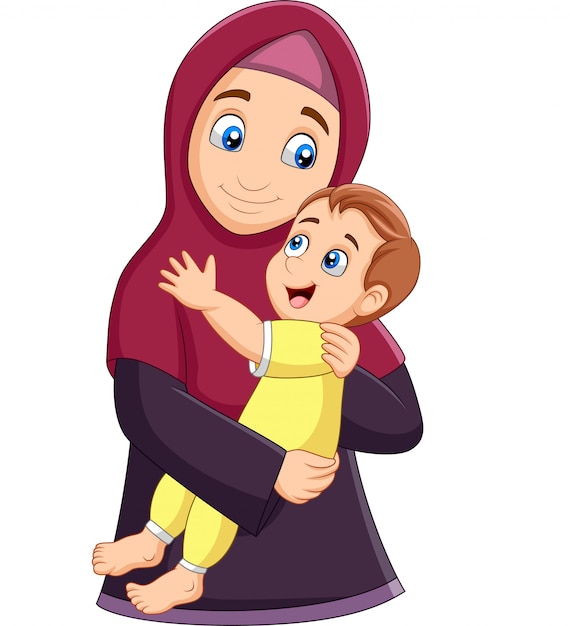 Premium Vector | Muslim mother hugging her son